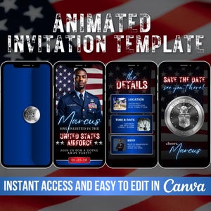 May include: Animated invitation template displayed on four smartphone screens. The screens show details for a going away party, including the name "Marcus", date, and location. The background features an American flag and the text "Instant access and easy to edit in Canva."