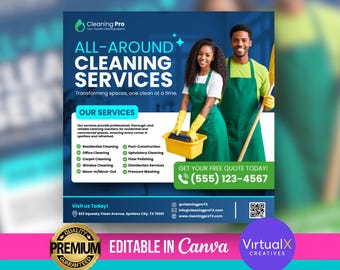 Panfleto para Serviço de Limpeza, Panfleto Profissional, Marketing para Empresas de Limpeza Doméstica, Residencial e Comercial, Modelo de Design para Canva (Faça Você Mesmo)