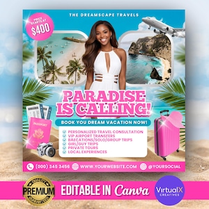 Folleto para agente de viajes, folleto para agencia de viajes, folleto de ofertas de viajes, reserva de vacaciones, folleto de itinerario de viaje para chicas, plantilla de vacaciones de Canva
