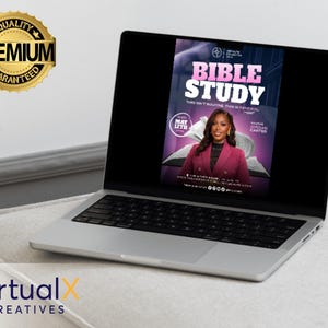Peut inclure: Un ordinateur portable argent&eacute; affichant un graphisme promotionnel pour un &eacute;v&eacute;nement d'&eacute;tude biblique. Le graphisme pr&eacute;sente le texte "BIBLE STUDY" en rose et blanc, ainsi qu'une image d'une femme et la date "MAY 12TH". Un sceau dor&eacute; "PREMIUM GARANTI" est en haut &agrave; gauche.