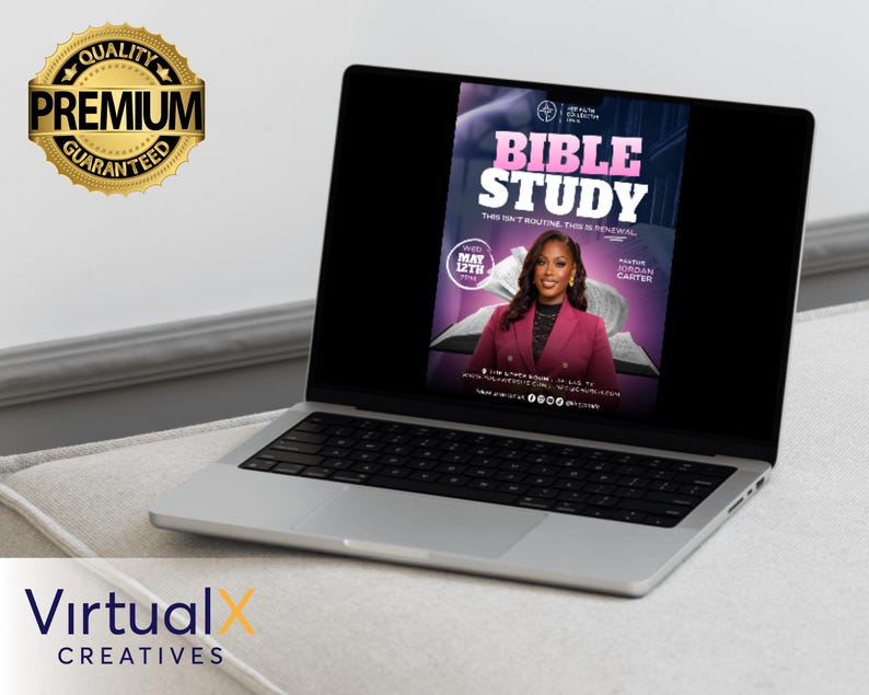 Peut inclure: Un ordinateur portable argent&eacute; affichant un graphisme promotionnel pour un &eacute;v&eacute;nement d'&eacute;tude biblique. Le graphisme pr&eacute;sente le texte "BIBLE STUDY" en rose et blanc, ainsi qu'une image d'une femme et la date "MAY 12TH". Un sceau dor&eacute; "PREMIUM GARANTI" est en haut &agrave; gauche.