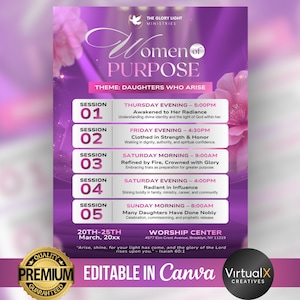 Puede incluir: Un folleto púrpura para eventos con el texto "Women of Purpose" y el tema "Daughters Who Arise". Detalla horarios y temas de las sesiones, con un sello dorado "Premium Quality Guaranteed". El folleto es editable en Canva.