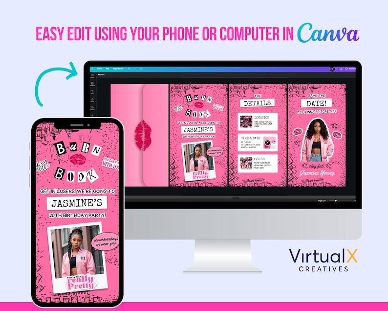 Burn Book Invitation Video Template, You Cant Sit With Us Animated Invite, Burn Book Inspired Birthday Party, Pink Girl Bachelorette Video image 3