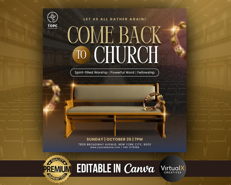 Pode incluir: An&uacute;ncio de um servi&ccedil;o religioso com o texto "COME BACK TO CHURCH" em letras douradas. A imagem apresenta um banco de igreja, um elemento decorativo dourado e a data e hora do servi&ccedil;o.