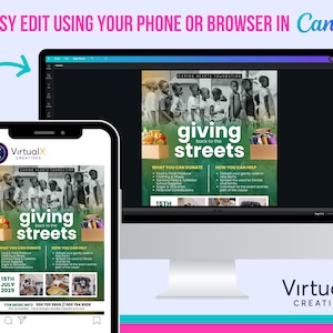 May include: A digital mockup of a flyer for a charity event called "Giving Back to the Streets". The flyer features a green background with a photo of children receiving donations. The text on the flyer includes the date of the event, July 15th, 2025, and contact information for donations.