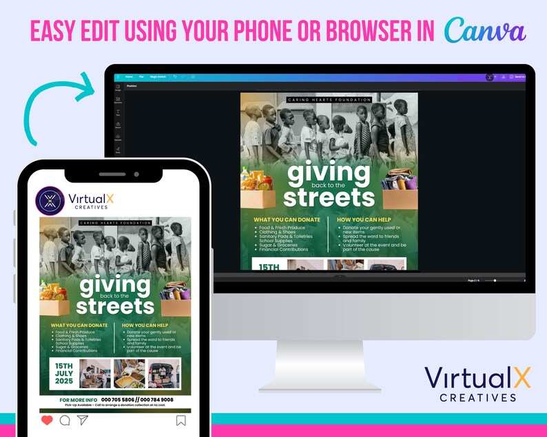 May include: A digital mockup of a flyer for a charity event called "Giving Back to the Streets". The flyer features a green background with a photo of children receiving donations. The text on the flyer includes the date of the event, July 15th, 2025, and contact information for donations.
