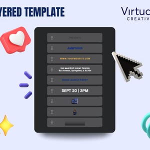 May include: A digital layered template design with the text "LAYERED TEMPLATE" at the top. The template includes sections for event details, a website address, and a book launch party. A red heart icon, purple pills, and yellow stars are also present.