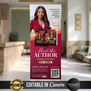May include: A promotional banner featuring a woman in a red blazer, promoting her book "Fearless Visionary." The banner includes the text "Meet the Author" and details for an event on April 20th at 3 PM. The banner also includes a QR code.