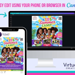 May include: A colorful flyer for a kids summer camp. The flyer features a bright blue background with a rainbow, clouds, and a sun. The text "KIDS Summer CAMP!" is in large, bold letters. The flyer also includes a QR code, a date of May 29-31, and a list of activities. The flyer is designed to be easily edited using a phone or browser in Canva.