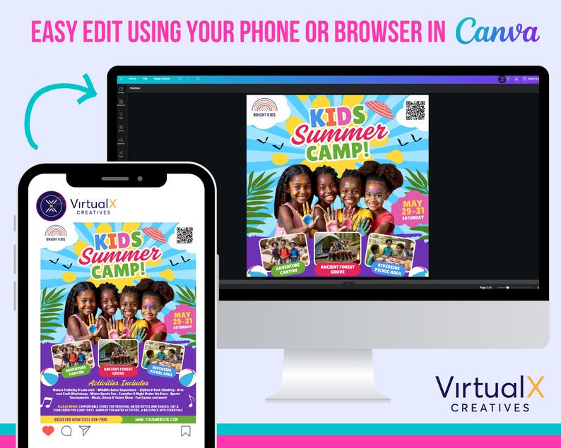 May include: A colorful flyer for a kids summer camp. The flyer features a bright blue background with a rainbow, clouds, and a sun. The text "KIDS Summer CAMP!" is in large, bold letters. The flyer also includes a QR code, a date of May 29-31, and a list of activities. The flyer is designed to be easily edited using a phone or browser in Canva.