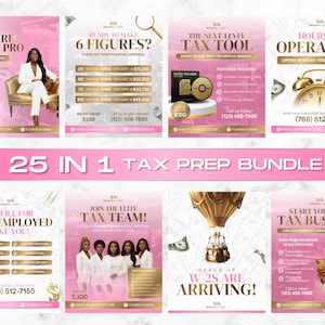 May include: A collection of pink and gold promotional graphics for tax preparation services. The graphics feature text like "Prepare Like a Pro," "Ready to Make 6 Figures?", and "25 in 1 Tax Prep Bundle." Images include a woman in a white suit and a gold alarm clock.