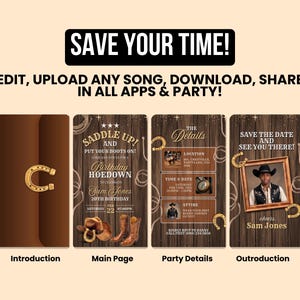May include: A digital invitation for a birthday party with a western theme. The invitation features a brown wooden background with gold horseshoe accents. The text on the invitation reads "Saddle Up! And Put Your Boots On!" and "Birthday Hoedown".