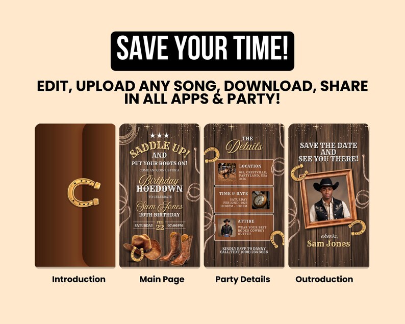 May include: A digital invitation for a birthday party with a western theme. The invitation features a brown wooden background with gold horseshoe accents. The text on the invitation reads "Saddle Up! And Put Your Boots On!" and "Birthday Hoedown".