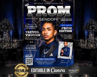 Prom Send Off Magazine, Prom King Invitation Flyer, High School Event Poster, Editable Modern Formal Night, Drip Check Invite Canva Template