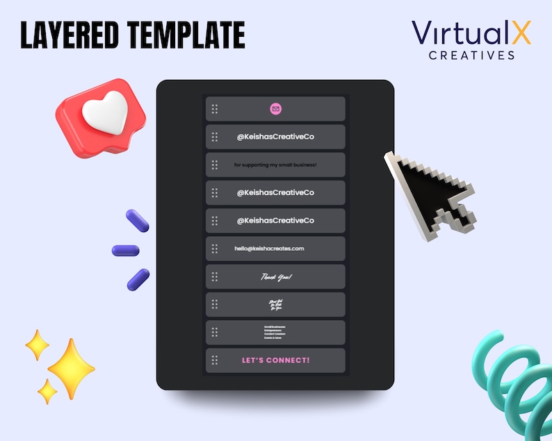 Puede incluir: Una plantilla de dise&ntilde;o digital con el texto "LAYERED TEMPLATE" en la parte superior. El dise&ntilde;o incluye una interfaz tipo tableta con identificadores de redes sociales y el texto "LET'S CONNECT!". Un cursor se cierne sobre la interfaz, con un icono de coraz&oacute;n y otros elementos decorativos.
