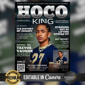 May include: A magazine-style flyer with the headline "HOCO KING" and the text "HOCO Edition." The flyer features a portrait of a young man wearing a blue jersey with the number 27. Text includes "Trevor Vaughn" and "The Face of HOCO Royalty."