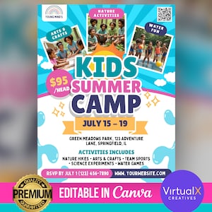 Kinder Sommer Camp Flyer, Kinder Bootcamp Flyer, Kinder Sommer Workshop, DIY Canva Flyer, Sommercamp Event Flyer, Bearbeitbarer Sommer Kinder Festival