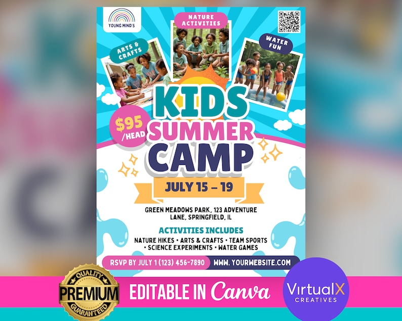 May include: A colorful flyer advertising a kids summer camp. The flyer features a bright blue background with a sun and clouds. The text reads "Kids Summer Camp" with the price of $95 per head. The camp is located at Green Meadows Park and runs from July 15-19. The flyer also lists activities that will be offered at the camp, including nature hikes, arts and crafts, team sports, science experiments, and water games.