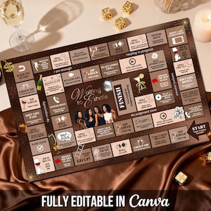 May include: A brown board game with a variety of game spaces and the text "Waiting to Exhale." The game board features images of wine glasses, champagne bottles, and dice. The words "FULLY EDITABLE IN Canva" are at the bottom.