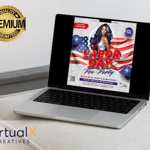 May include: A laptop computer displaying a flyer for a Labor Day pre-party with a red, white, and blue American flag design. The flyer includes the text "Labor Day Pre-Party" and "Music by DJ Jazzy & DJ Blackout".