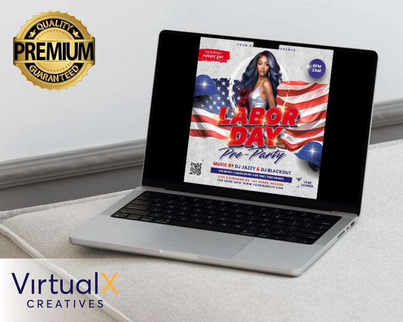 May include: A laptop computer displaying a flyer for a Labor Day pre-party with a red, white, and blue American flag design. The flyer includes the text "Labor Day Pre-Party" and "Music by DJ Jazzy & DJ Blackout".