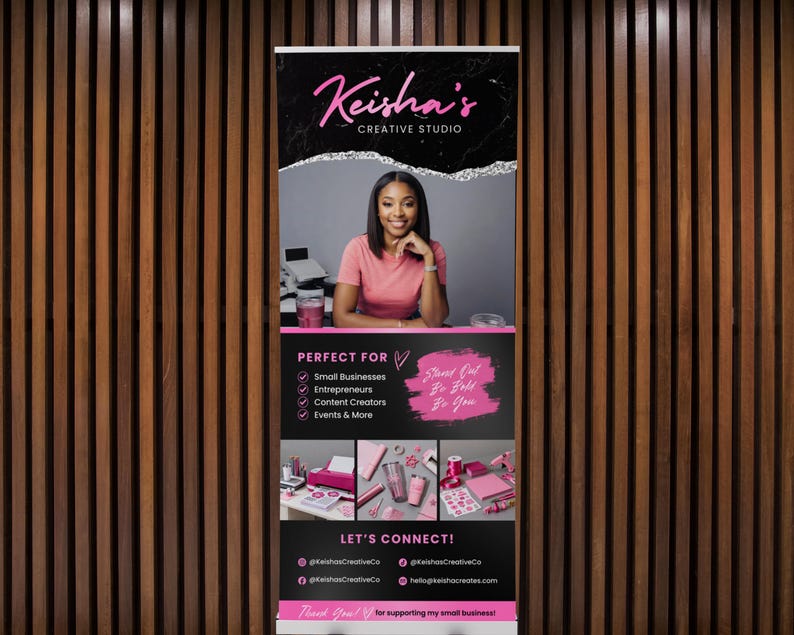 Puede incluir: Una pancarta vertical con fondo negro y detalles en rosa. La pancarta presenta el texto "Keisha's Creative Studio" en una fuente cursiva. Se muestra una mujer con una camisa rosa. La pancarta tambi&eacute;n incluye el texto "Perfect For" y "Let's Connect!"