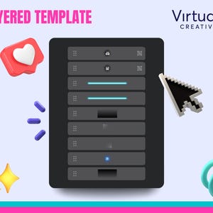 Op de afbeelding: Een gelaagd sjabloonontwerp met een serverinterface, een harticoon, een muisaanwijzer en een veer. De tekst "LAYERED TEMPLATE" staat bovenaan de afbeelding. De tekst "VirtualX CREATIVES" staat rechtsboven in de afbeelding.
