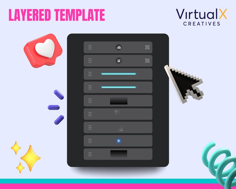 Op de afbeelding: Een gelaagd sjabloonontwerp met een serverinterface, een harticoon, een muisaanwijzer en een veer. De tekst "LAYERED TEMPLATE" staat bovenaan de afbeelding. De tekst "VirtualX CREATIVES" staat rechtsboven in de afbeelding.