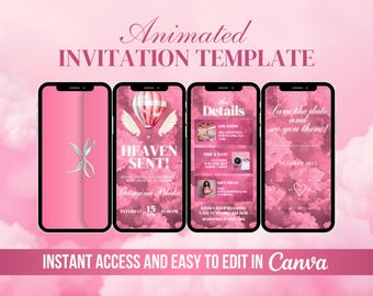 Der Himmel schickt Babyparty einladen, rosa Babyparty-animierte Einladung, bearbeitbares rosa Babywolken-Digitalvideo, niedliche Babyparty-Canva Evite