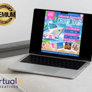 May include: A laptop screen displaying a colorful flyer advertising a cruise tour to Paradise. The flyer features a cruise ship, palm trees, and a beach scene. The text on the flyer reads "Discover Paradise Cruise Tour" and includes the dates and destinations of the cruise. The flyer also includes a website address, social media handle, and phone number.