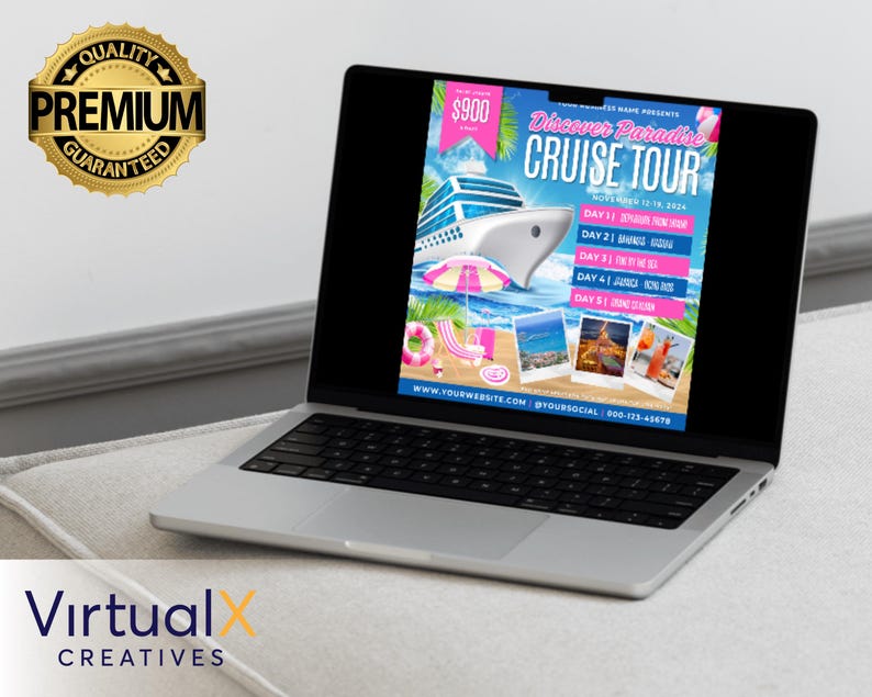 May include: A laptop screen displaying a colorful flyer advertising a cruise tour to Paradise. The flyer features a cruise ship, palm trees, and a beach scene. The text on the flyer reads "Discover Paradise Cruise Tour" and includes the dates and destinations of the cruise. The flyer also includes a website address, social media handle, and phone number.