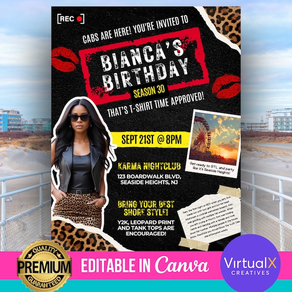 May include: A black and white invitation with leopard print accents for a birthday party. The invitation features a photo of a woman wearing a black leather jacket and a leopard print skirt. The text on the invitation reads "Bianca's Birthday Season 30" and "Sept 21st @ 8pm".