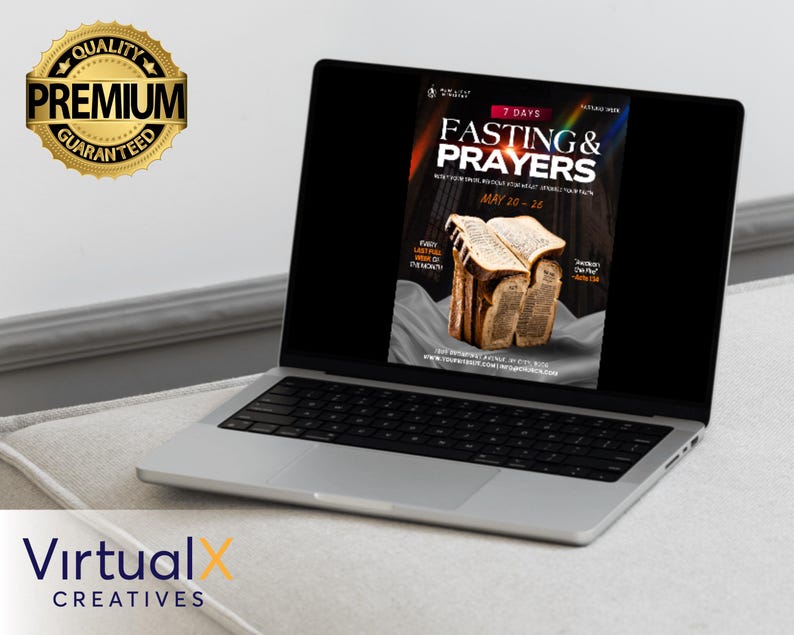 May include: A laptop displaying a promotional graphic for a 7-day fasting and prayer event. The graphic features text and an illustration of bread. A gold seal with the words "Quality Premium Guaranteed" is in the upper left corner.