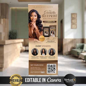 May include: A vertical banner ad for "The Growth Blueprint" book launch event, featuring a woman in a brown blazer. The banner includes event details, speaker photos, and a QR code. The bottom of the banner has a gold seal that says "Premium Guaranteed".