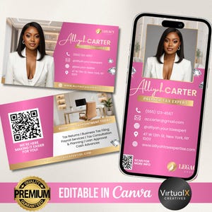 Può includere: Design di biglietto da visita rosa e oro con una donna professionista in un blazer bianco. La scheda include informazioni di contatto, un codice QR e il testo "Allyiah Carter, Premier Tax Expert". Il design è modificabile in Canva.