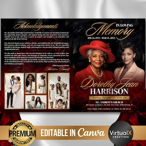 May include: A memorial card with a black and red floral design. The card features a photo of two women, text that reads "In Loving Memory," and the name "Dorothy Jean Harrison." Additional photos and text are included.