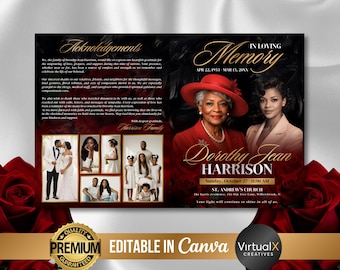 4 Page Black Gold Funeral Program, In Loving Memory, Obituary Brochure, Celebration of Life, Red Roses Bi-Fold Booklet, Canva Template