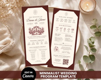 Minimalist Wedding Program Template, Printable Modern Ceremony Timeline, Editable in Canva (Instant Download)