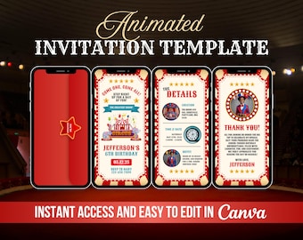 Puede incluir: Plantilla de invitación digital animada para una fiesta de cumpleaños de 6 años con temática de circo. La plantilla presenta una carpa a rayas rojas y blancas con un letrero de circo, un payaso y un mensaje de cumpleaños. La plantilla también incluye una sección para detalles, como la ubicación, la hora y la fecha de la fiesta. La plantilla está diseñada para ser fácilmente editada en Canva.