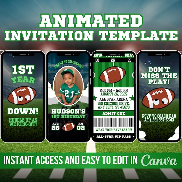 Football Invitation Video Template, First Year Down Birthday Animated Invite, 1st Birthday Party Invite, Boy Bday Ball Sports Game Digital