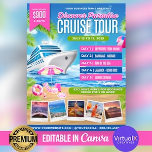 Kreuzfahrt-Trip-Flyer, Kreuzfahrt-Urlaub-Business-Trip-Vorlage, Boot-Yacht-Tour-Einladung, bearbeitbare Canva-Einladung, Geburtstagsfeier-Reiseplan-Flyer