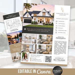 Op de afbeelding: Vastgoedmarketingmateriaal met een modern huis. Het ontwerp omvat een plattegrondoverzicht, hoogtepunten van het onroerend goed en interieur- en exterieurfoto's. De tekst bevat het adres, vastgoedinformatie en contactgegevens.
