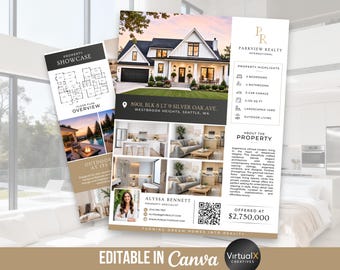 Puede incluir: Materiales de marketing inmobiliario que muestran una casa moderna. El diseño incluye una descripción general del plano de planta, aspectos destacados de la propiedad y fotos interiores y exteriores. El texto incluye la dirección, los detalles de la propiedad y la información de contacto.