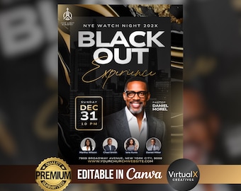 Folleto del servicio de adoración de Nochevieja, plantilla editable para la Noche de Vigilia de Fin de Año, oradores invitados a eventos de la iglesia