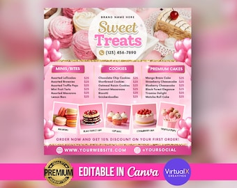 Könnte beinhalten: Eine rosa und goldene Speisekarte für eine Bäckerei namens "Sweet Treats". Die Speisekarte listet Preise für verschiedene Lutscher, Brownies, Trüffel, Obsttorten, Macarons, Zitronenriegel, Schokoladenkekse, Shortbread-Kekse, Haferflocken-Rosinen-Kekse, Kokosmakronen, Biscotti, Snickerdoodles, Mango Bravo Kuchen, Erdbeer-Käsekuchen, Blaubeer-Käsekuchen, Schwarzwälder Kirschtorte, Tiramisu und Matcha-Röllchen. Die Speisekarte enthält auch eine Telefonnummer und eine Website-Adresse.
