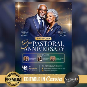 May include: A promotional poster for the 3rd Pastoral Anniversary, featuring a couple in formal attire. The design includes gold accents, the text "3rd Pastoral Anniversary," and details about the event, including guest speakers and the church's information.