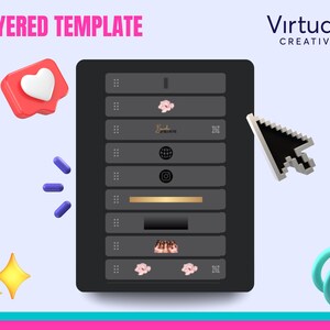 May include: A layered template for social media posts, showing a black screen with different layers of content, including a heart, a flower, a logo, a circle, a square, a gold bar, a black rectangle, and a group of pink flowers. The template is displayed on a computer screen with a mouse cursor hovering over it.