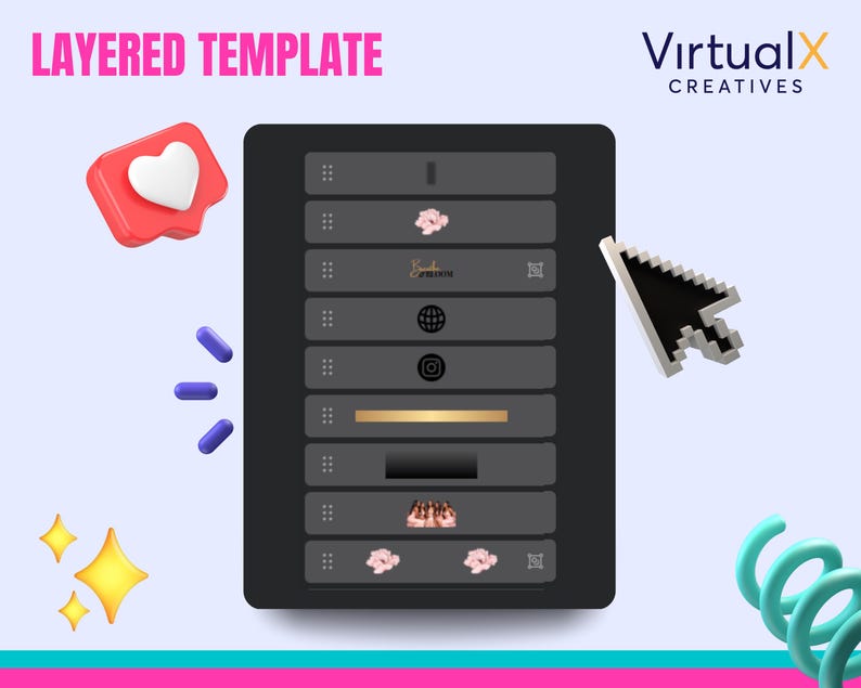May include: A layered template for social media posts, showing a black screen with different layers of content, including a heart, a flower, a logo, a circle, a square, a gold bar, a black rectangle, and a group of pink flowers. The template is displayed on a computer screen with a mouse cursor hovering over it.