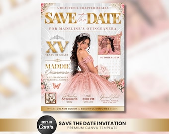 Quinceañera Invitation Template, Sweet 15 Party Printable, Editable Mis Quince Años Magazine Canva Invite