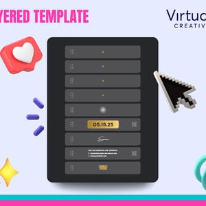 May include: A digital design template with the text "LAYERED TEMPLATE" at the top. The template is on a tablet-like device with a dark gray background and several horizontal sections. A cursor hovers over the template, with decorative elements like a heart and stars.